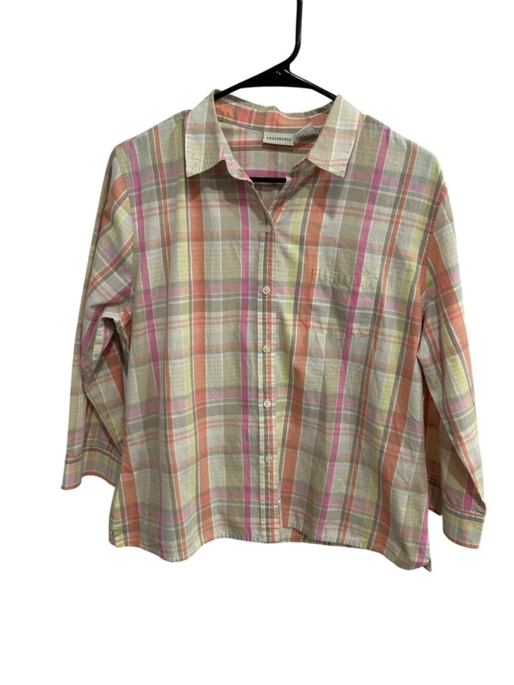 Crossroads Plaid Button Front Shirt Pink Coral Sz 14 Quarter Zip Preppy Academia